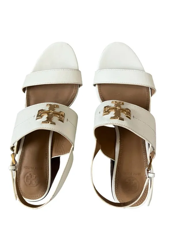 Tory Burch Women’s Eleanor White Leather Gold Metal Block Heel Sandals Size 9.5 - Image 3