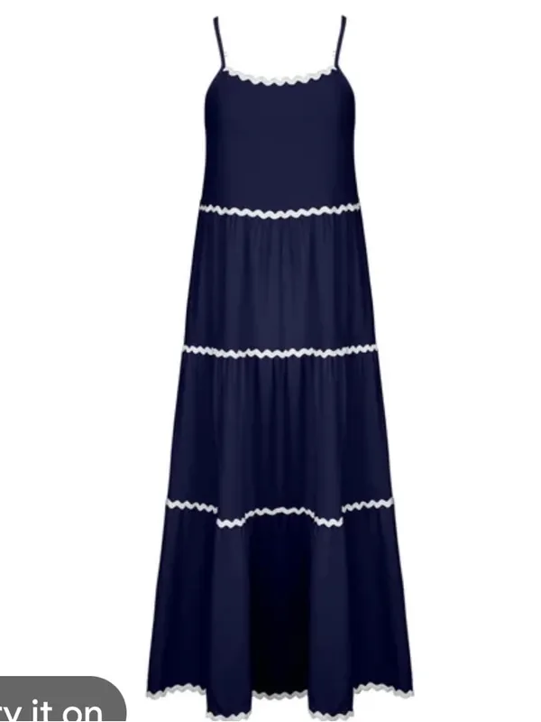BTFBM Tiered Midi Dress Navy/ White Rick Rack Trim adjustable straps size Small - Image 15