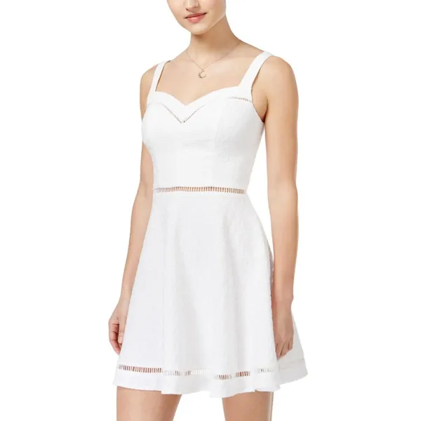 B Darlin Juniors Textured Crochet-Trim Fit & Flare Dress White 3/4 - Image 5