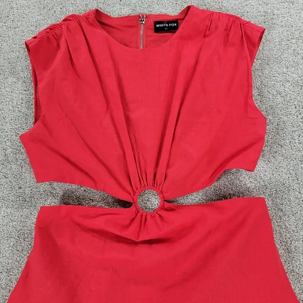 White Fox Cutout Ring Dress Womens L Red Sleeveless Mini Fit & Flare Ruffle Hem - Image 11