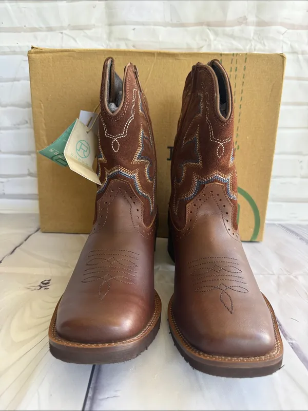 Roper Brown Leather Western Boots with Blue and Cream Embroidery - Image 3