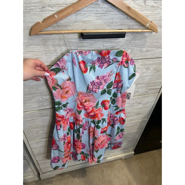 Emerald Sundae Floral Strapless Bubble Hem Mini Dress Light Blue Pink NWT - Image 2