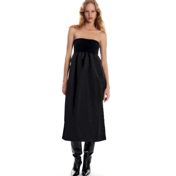 Zara Black Sateen Taffeta Strapless BodyCon/A-Frame Midi Dress LBD Sz SMALL - Image 2