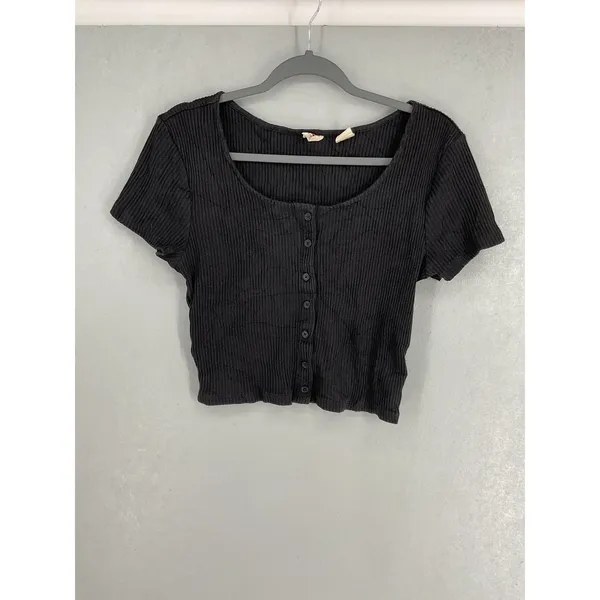Levi's Womens Crop Top Black Ribbed Button Front Scoop Neck Large - Image 2