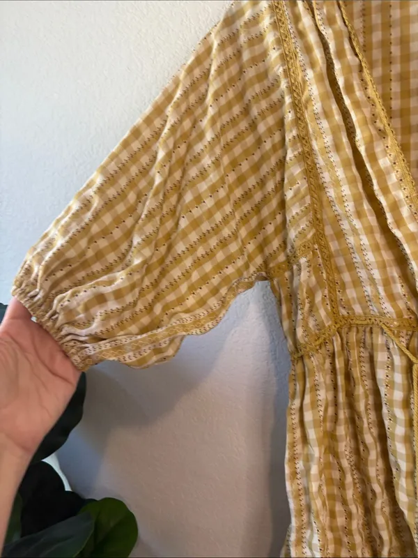 Max Studio Mustard Yellow Gingham V-Neck Tiered Dress with drawstring waist S - Image 5
