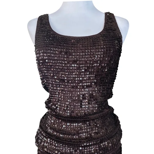 Vtg Chetta B Sequin Crochet Knit 2 Piece Skirt Set Sz M/L Dark Brown 90s Glam - Image 3