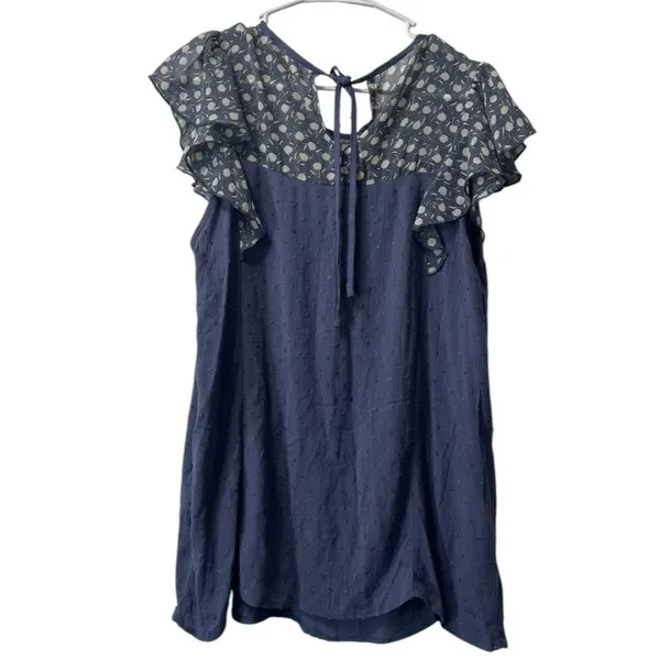 Suzanne Betro Size Large Tunic Top Shirt Blue Flutter Sleeve Knit Textured‎ Boho - Image 2