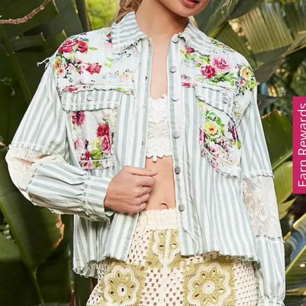 POL Striped Sage Multi Balloon Sleeve Printed Woven Mixed Print Shirt Shacket - Image 3