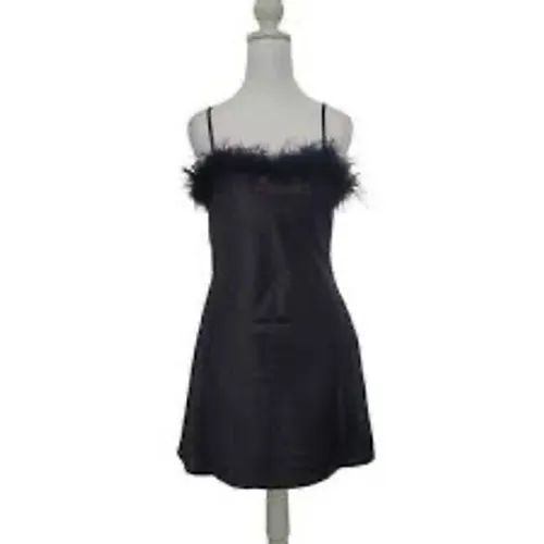 Thirty Thirty LA Black‎ Satin Feather Trim Mini Dress Womens Large 6DWAW554 - Image 3