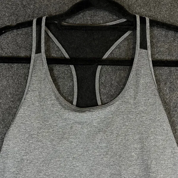 Alo Yoga Womens Gray Heathered Open Draped Mesh Back Racerback Tank‎ Top - Image 6