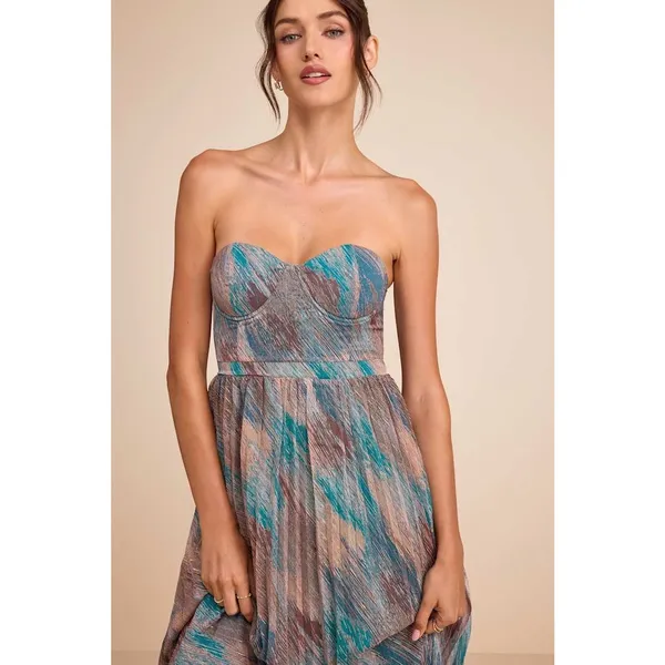 Lulus Juniva Teal Multi Abstract Print Pleated Bustier Midi Dress Cocktail S NWT - Image 2