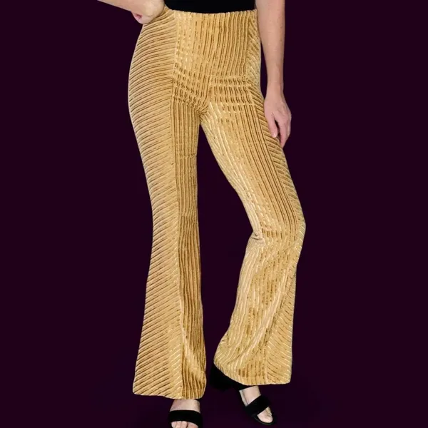 Free People Gold Champagne Ribbed Velvet High Rise Flare Pants - Image 5
