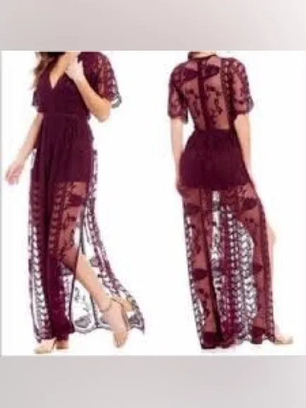 Gianni Bini Deep V-Neck Floral Embroidered Mesh Maxi Romper - Image 2