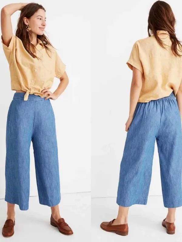 Madewell Huston Chambray Pull-On Cropped Wide-Leg Linen-Blend Pants - Size Small - Image 2