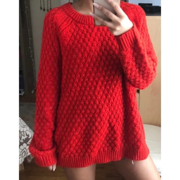 H&M Vibrant Orange Red Textured Knit Sweater 90s Art School Oversized S - Image 2