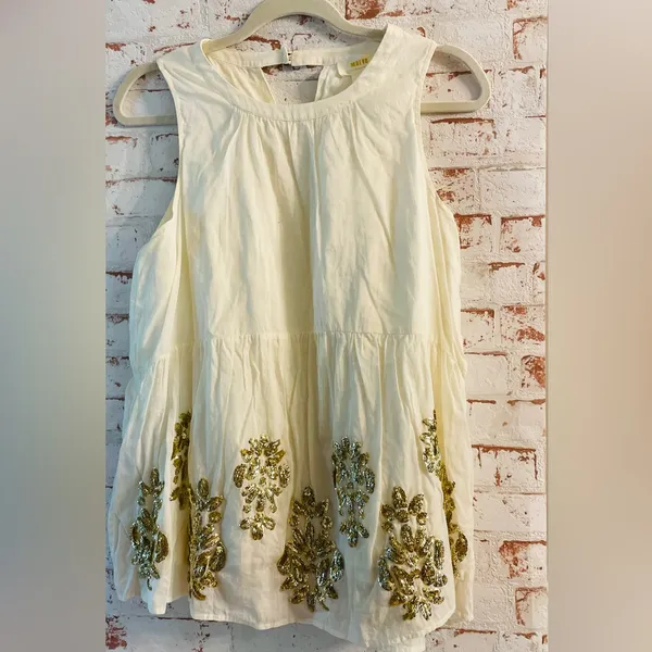 Anthropologie Cream and Gold Embellished Blouse - Image 2