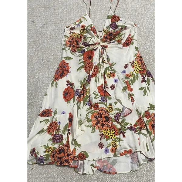 Free People Floral Ruched Ruffle Sleeveless Mini Sundress Ivory Multi Size M - Image 16