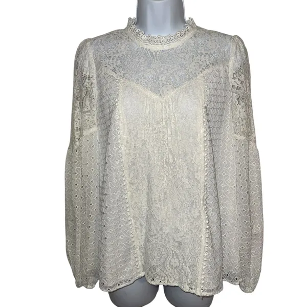 WHITE HOUSE BLACK MARKET White‎ Mock Neck L/S Eyelet Lined Blouse EUC Size 4 - Image 2
