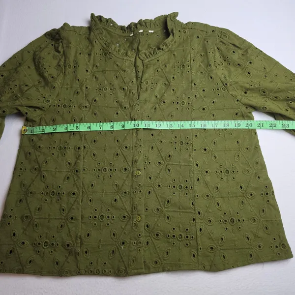 Unbranded 56R Olive‎ Green Eyelet Lace Ruffle Neck Puff Sleeve Cotton Blouse L - Image 4