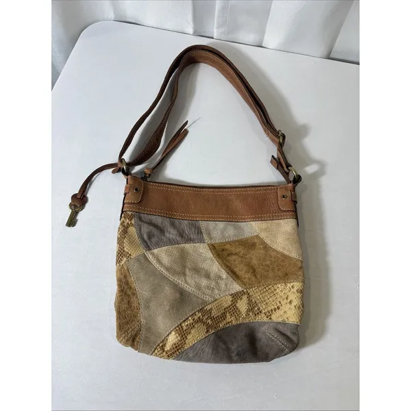 VTG Fossil Suede/Leather Snake Patchwork Shoulder‎ Crossbody HOBO Bag Purse BOHO - Image 5