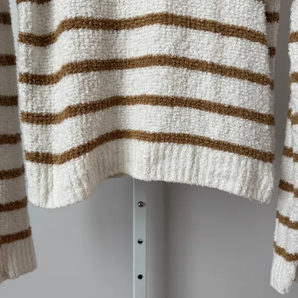 Vince S White Brown Striped Boucle‎ Sweater Cotton Pullover Fisherman Preppy - Image 3