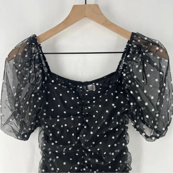 H&M Black & White Polka‎ Dot Mesh Puff Sleeve Ruffle Trim Ruched Mini Dress XXS - Image 2