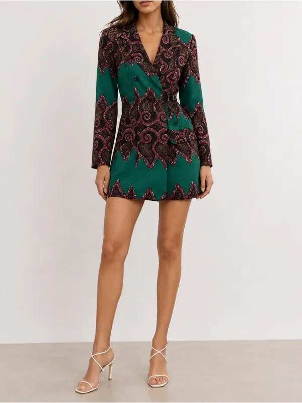 OFUURE Green Paisley Print Blazer Mini Dress Small Tailored Long Sleeve - Image 8
