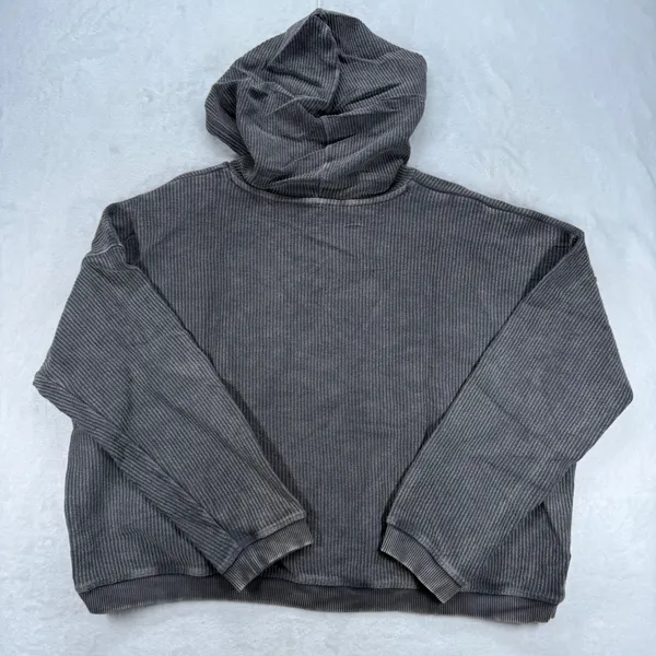 Aerie Hoodie Pullover Ribbed‎ Drawstring Cropped Comfy Casual Gray Large - Image 8