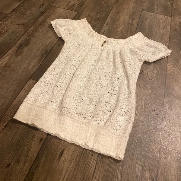 Lucky Brand White Crochet Boho Tunic Top Semi Sheer Short Sleeve Small - Image 3