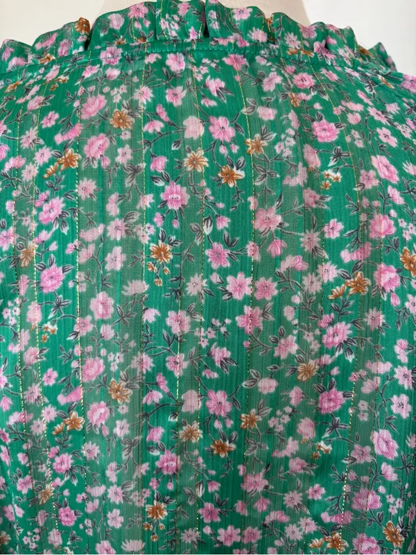Green Floral 3/4th Sleeve Metallic Blouse - Image 4