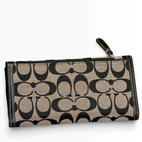 Vintage Coach Signature C Jacquard Trifold Wallet Black Leather Long Checkbook - Image 2