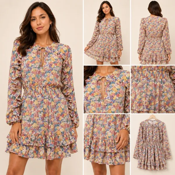 Zara Pink Blue Floral Ruffle Mini Dress Long Sleeve Smocked Tiered‎ Boho Travel - Image 3