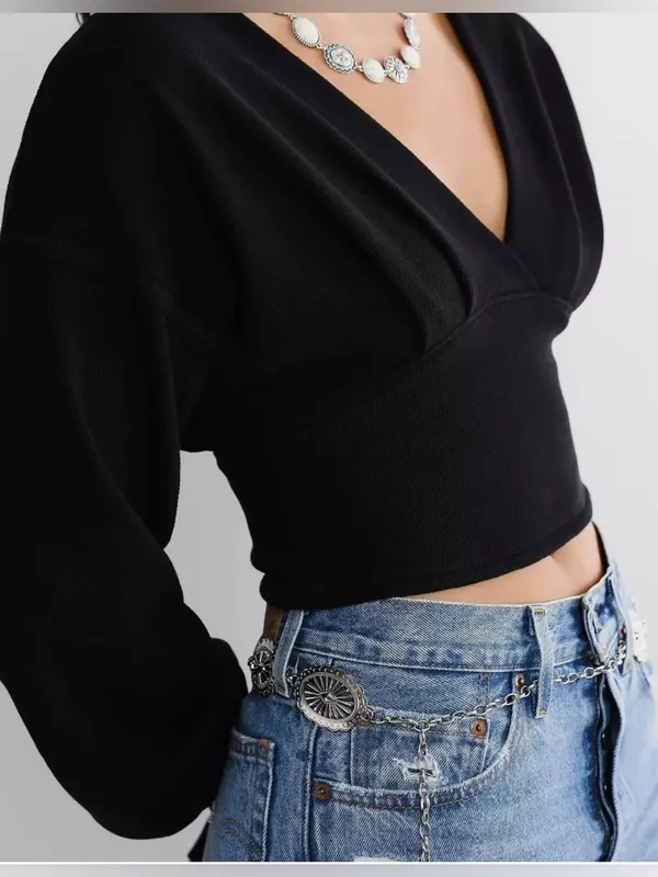 Free People Black We The Free All Nighter Thermal Cropped Top Size XS - Image 2