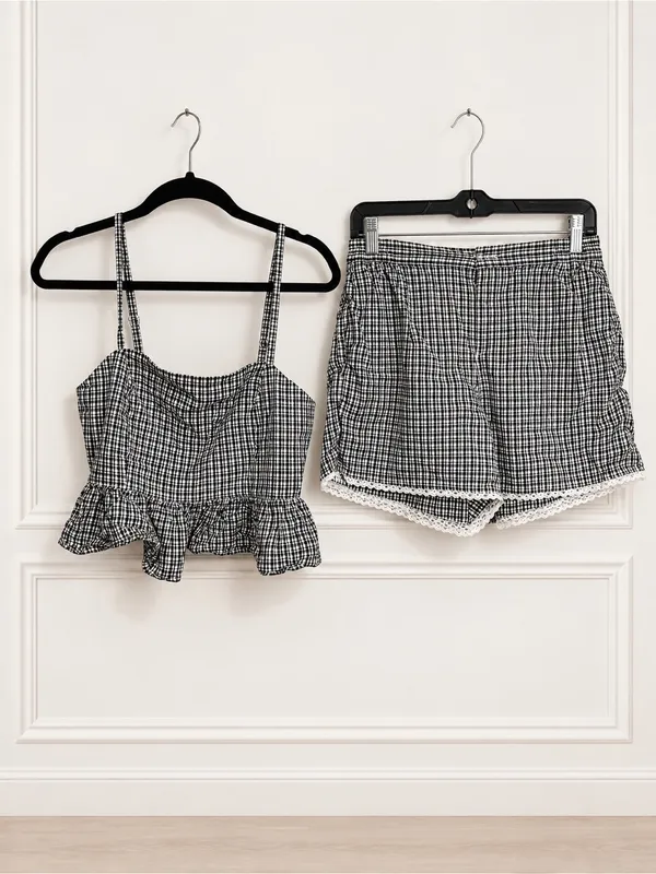 Aerie Black White Gingham Peplum Cami Lace Trim Shorts Set S Preppy Coquette - Image 2