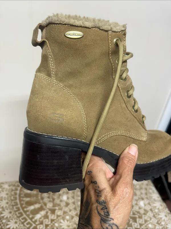 Skechers Tan Suede (Leather)Lace-Up Ankle Boots with Shearling Trim - Image 3