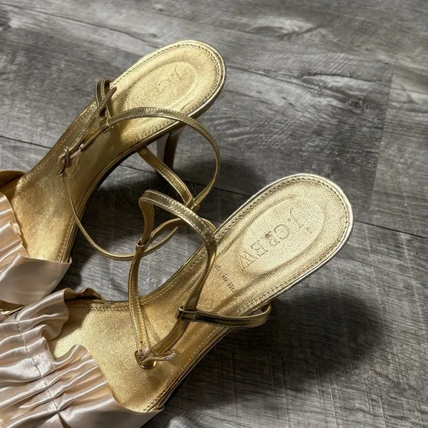 J CREW‎ Y2K Wedding Ruffle Gold & Cream Slingbacks High Heels Shoes Women Sz 8 - Image 3
