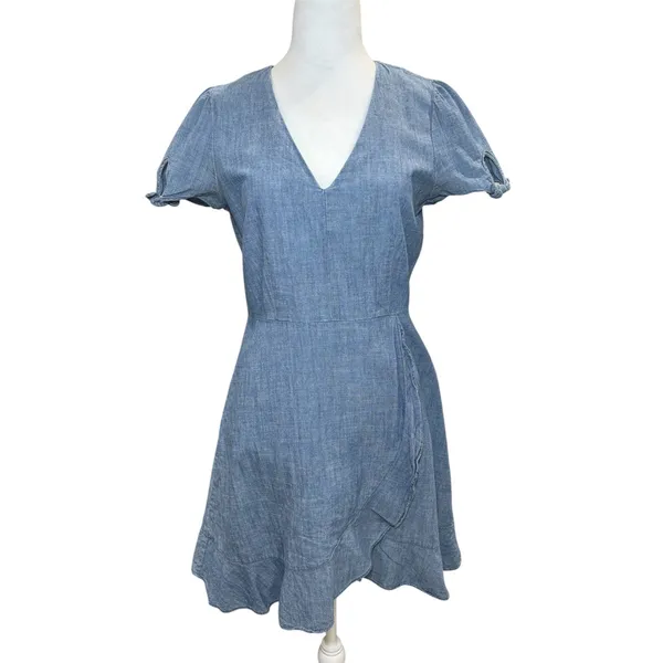 J.Crew‎ Chambray Denim Fit & Flare Dress Size 4 Blue V-Neck Flutter Sleeve - Image 3
