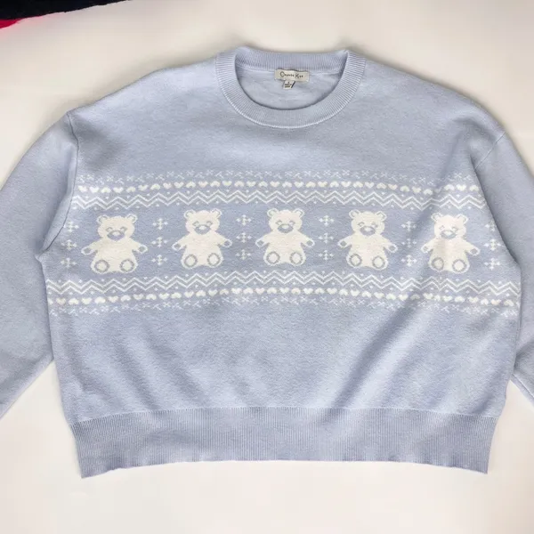 Orange Kiss‎ Sweater Teddy Bear Light Blue Knit Pullover Women Size Large Twee - Image 4