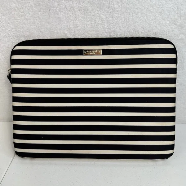 Kate Spade 13" Laptop Sleeve Black Cream Striped Nylon Zippered Case Padded Bag - Image 3