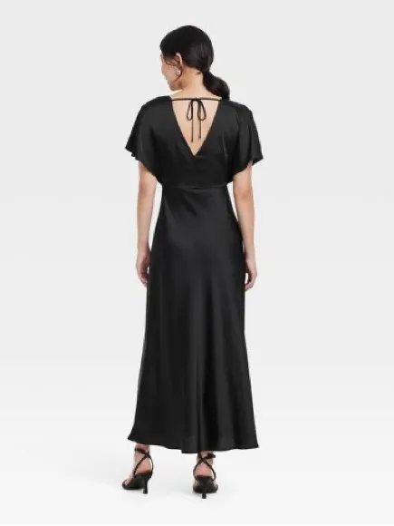 A New Day Women's Satin Flutter Short Sleeve Maxi A-Line Dress - Black, Medium - Image 2