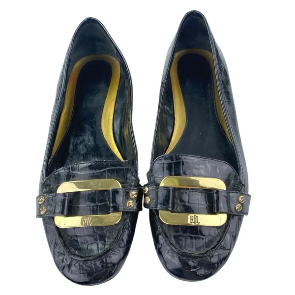 Ralph Lauren Women's Black Gold Logo Croc Leather Chain Slip On Loafers Shoes 6M - Image 2