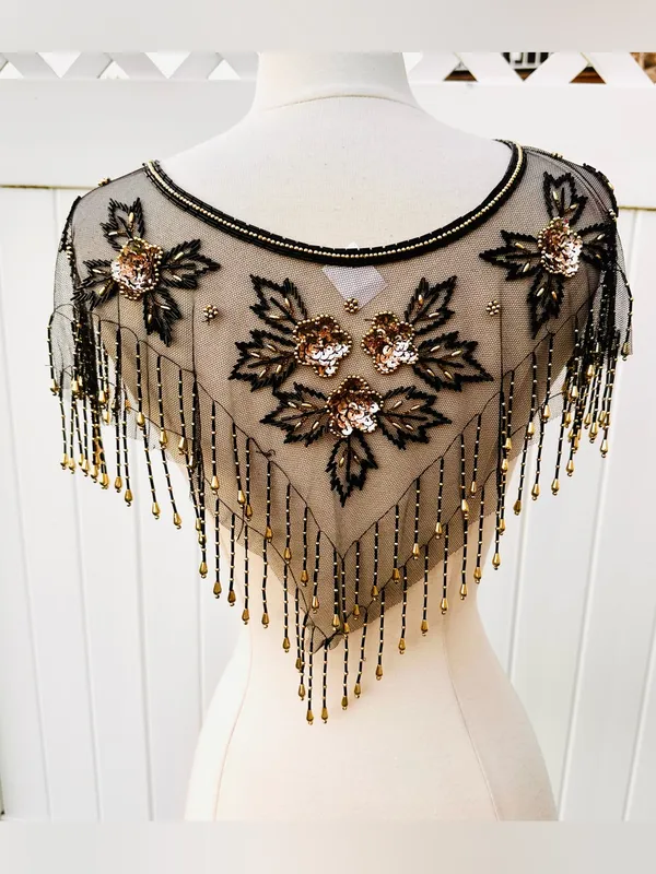 Fina Moda Vintage Beaded Black Mesh Caplet Collar Scarf with Fringe & Sequins - Image 15
