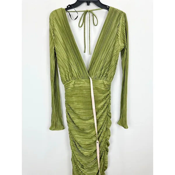 Lulus Seren Olive Green Plisse Surplice Maxi Dress Formal Long Sleeve Small NWT - Image 7
