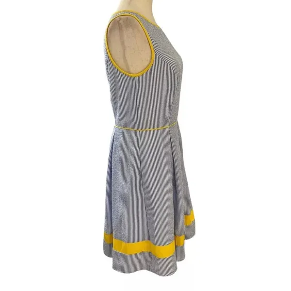Elle Women Size Small Fit & Flare Seersucker Dress Blue Yellow Pleated | 21-917 - Image 2