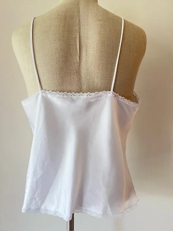 Vintage body chic White Lace Trim bejeweled pearl detail Satin Camisole - Image 3