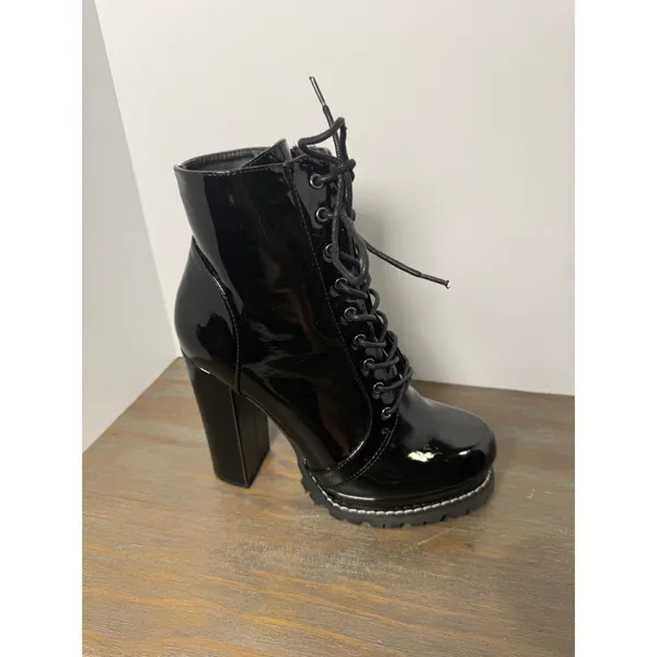 Liliana Black Patent Lace-Up Combat Boots Chunky Platform Heel Size 8 - Image 4