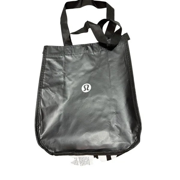 Lululemon Reusable Shopping Tote Bag Small Black White Logo‎ Snap Closure - Image 3