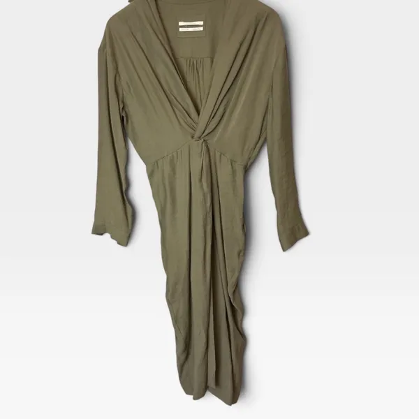 Anthropologie Olive Green Twist Front V-Neck Midi Dress Long Sleeve Size 2 - Image 2