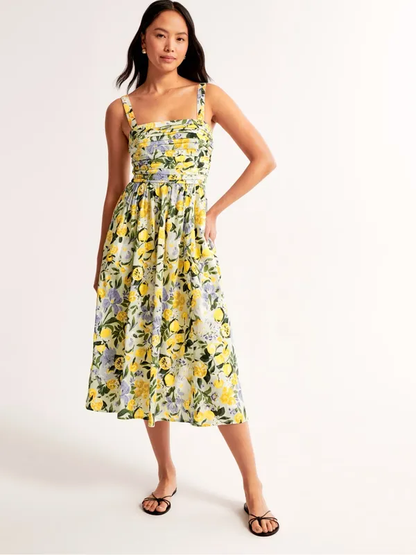 Abercrombie emerson midi dress linen lemons print petite a&f square neck pockets - Image 2