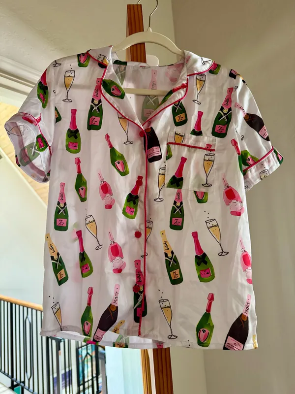 Champagne Bottle Print Silk Pajama Set White - Image 5